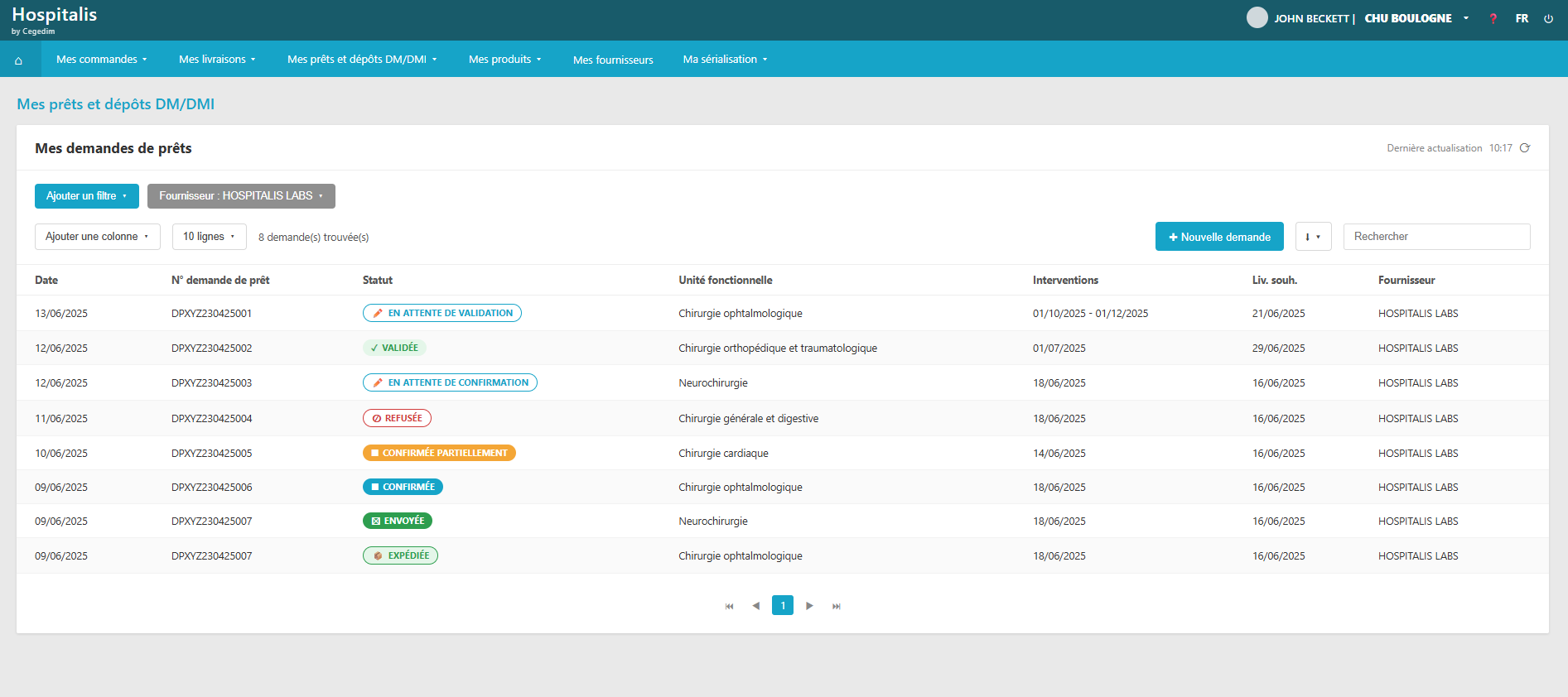 Interface Hospi-Connect de demandes de prêt